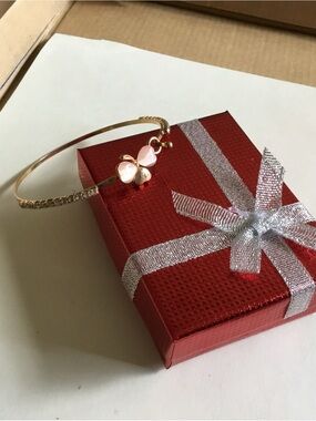 Gold Clove Leaf Charm Bangle Bracelet with Pink Accents